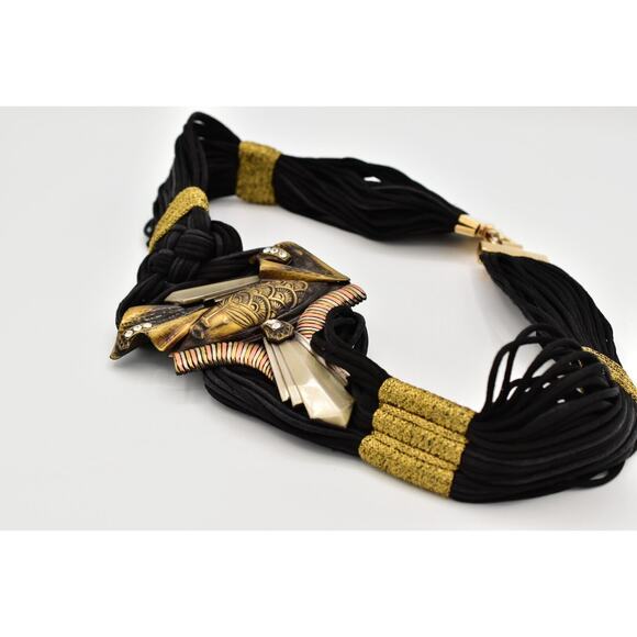 Vintage Made In Italy Waist Belt Mayan Metal Black Weaved Crystal Chunky 26" - Picture 3 of 12